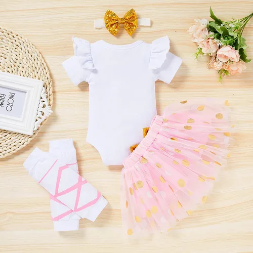 Vista 3 de Conjunto de ropa para bebé recién nacida con estampado de letras, falda tutú, diadema, calentador de leggings, ropa para llegar a casa
