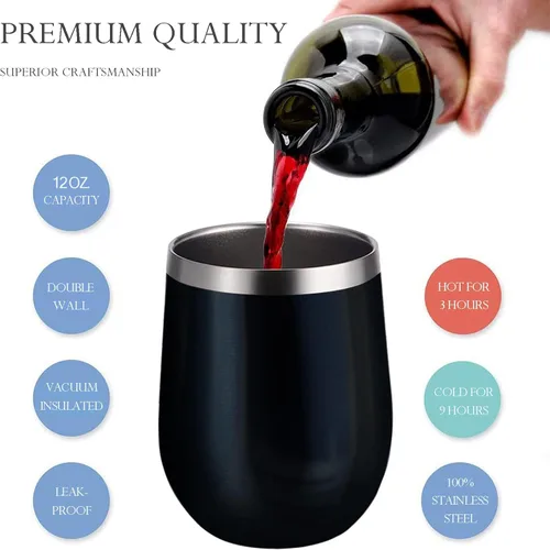 Vista 7 de Copas de vino de acero inoxidable, dos copas de vino de 12 onzas para llevar, aisladas para 5 horas calientes/10 horas frías, sin BPA, copa de vino