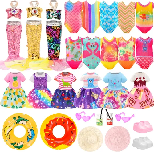 Vista 8 de Mini ropa y accesorios para muñecas de 5.3 pulgadas, 6 trajes de baño de playa, 3 vestidos con 2 anillos de natación, 2 bebidas, 2 sombreros, 2