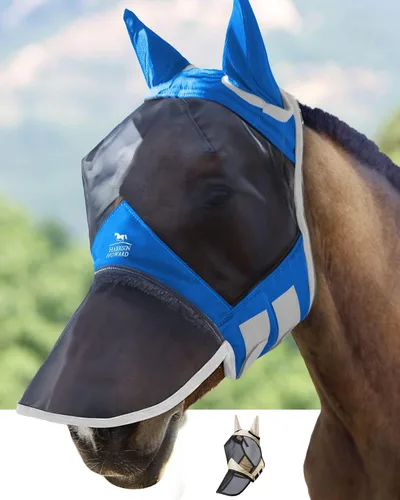 Vista 11 de Harrison Howard Pro Luminous Horse Fly Máscara de nariz larga con orejas protección UV para caballo, azul y plateado, pequeño poni