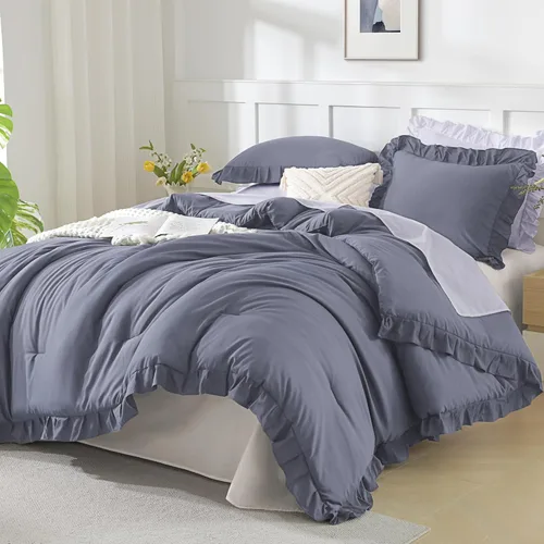 Vista 34 de Andency - Juego de edredón gris pardo tamaño King 104 x 90 pulgadas, 3 piezas, 1 edredón con volantes/2 fundas de almohada, microfibra suave ligera