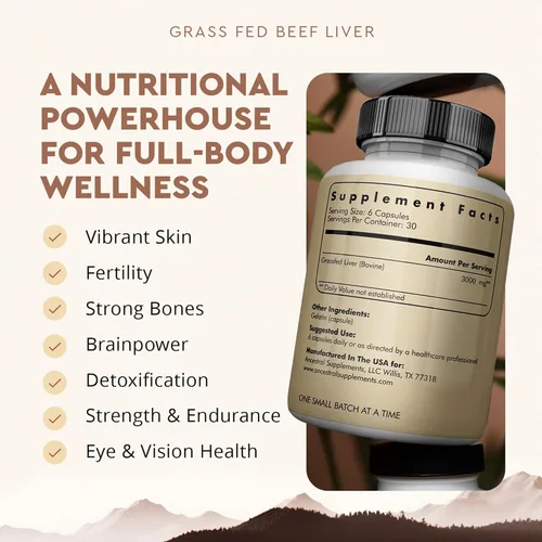 Vista 2 de Ancestral Supplements Hígado vacuno alimentado con pastura (disecado). Hierro natural, vitamina A, B12 para energía (180 Cápsulas)