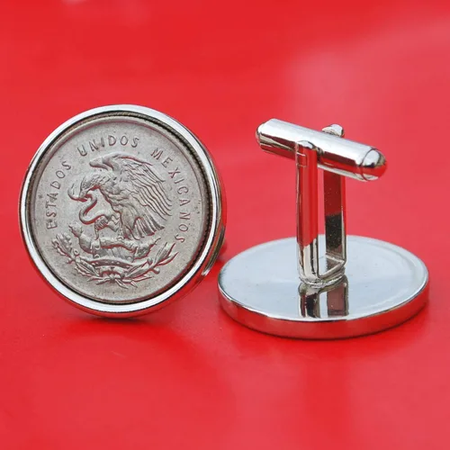 Vista 3 de Mexico 1950 25 Centavos 30% Silver Coins Eagle Snake Scale Liberty Cap Cufflinks NEW