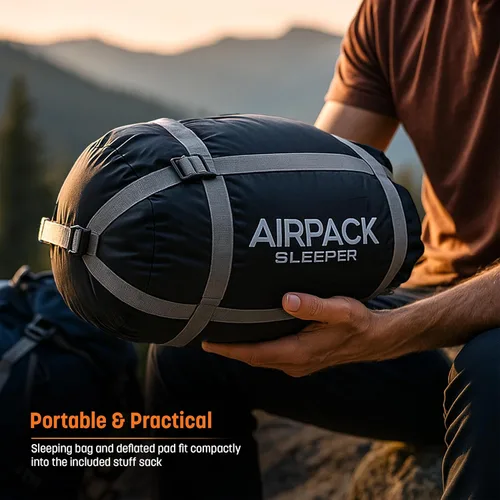 Vista 8 de Saco de dormir con almohadilla incorporada (AirPack Sleeper) – Colchoneta inflable todo en uno y almohada para acampar con bomba de pie incorporada