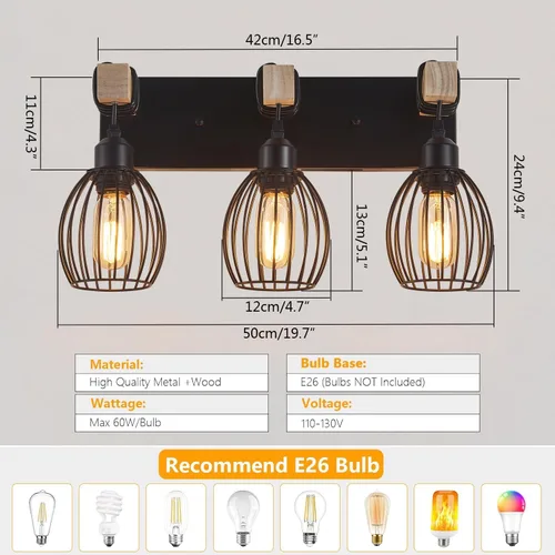 Vista 2 de Luz de tocador de granja de 3 luces para baño, aplique de pared de madera con elegante jaula en forma de lágrima, luces de tocador industriales