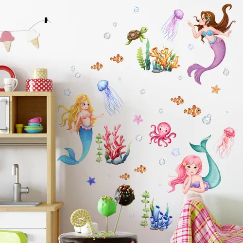Vista 6 de Pegatinas de pared de sirena, peces de océano, calcomanías de pared de medusas, coral, bajo el mar, animales, papel tapiz para niñas, dormitorio