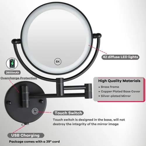Vista 4 de Espejo de maquillaje recargable para baño con aumento 1X/5X con luz, brazo extendido rotación 360 de 8 pulgadas, espejo de tocador de afeitado de 8