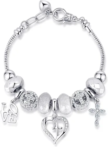 Pulsera de dije para mujer, con cuentas de cristal y forma de corazón, plata de circonita cúbica, cadena de serpiente, pulsera de moda, joyería de