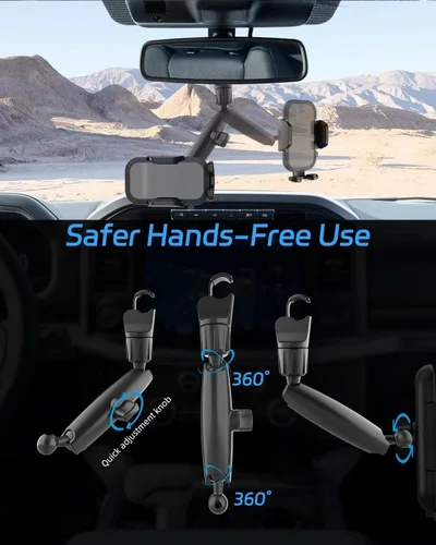 Vista 4 de Soporte de teléfono para espejo retrovisor mejorado 2026 para tu automóvil, soporte de teléfono multidireccional de ajuste giratorio dual 360