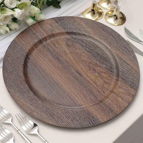 Efavormart - Paquete de 6 platos de plástico de madera sintética de 13 pulgadas color marrón oscuro, platos redondos rústicos para servicio de boda