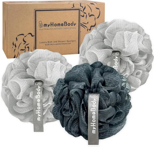 Vista 13 de myHomeBody Esponja grande de lufa de 2.47 onzas, exfoliante corporal, esponja de baño, esponja para mujeres, hombres, esponja exfoliante con carbón