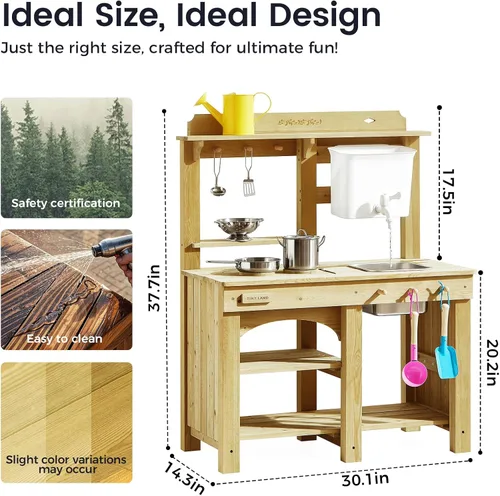 Vista 7 de Tiny Land Cocina de barro al aire libre para niños, cocina de madera con tanque de agua, juego de agua y cocina, diversión sensorial, resistente a