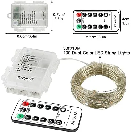 Vista 9 de ER CHEN Luces de hadas que cambian de color, 33 pies, 100 LED, 8 modos, alambre de cobre plateado, cadena de luces parpadeantes con control