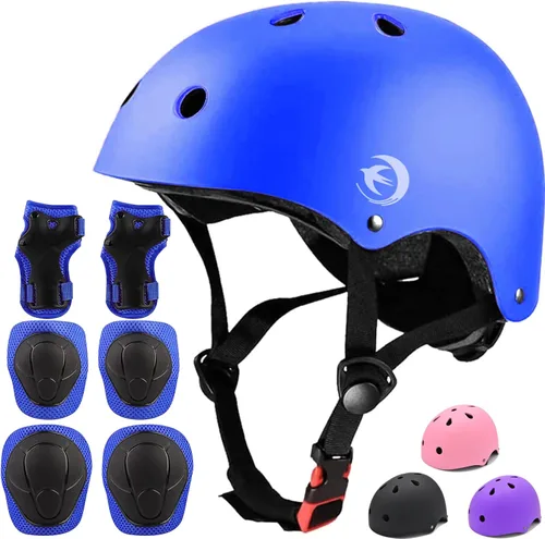 Vista 10 de Juego de casco para niños con rodilleras, coderas y muñequeras, casco ajustable para niños pequeños y jóvenes, juego de equipo de protección