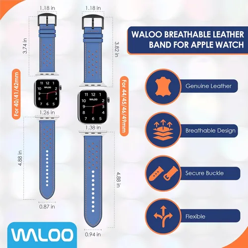Vista 3 de WALOO Correa de repuesto de cuero genuino transpirable compatible con tu Apple Watch Series 8/7/6/5/4/3/2/1/SE, se adapta a tamaños de 1.496 in