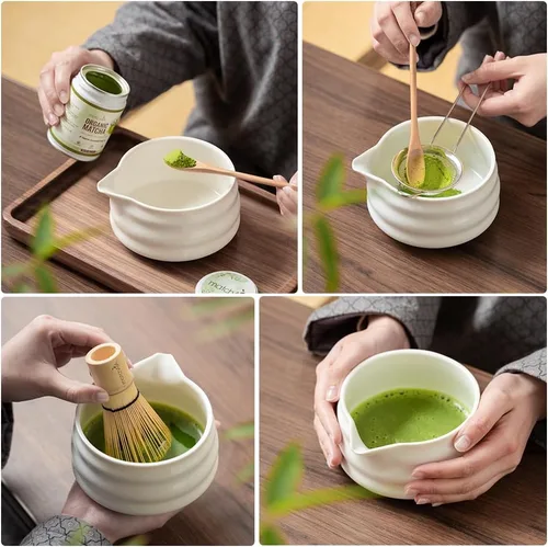 Vista 7 de MatchAiA Juego de batidor de matcha, cuenco de cerámica, batidor de bambú con soporte, tamiz, cuchara Schima, soporte para cuchara y toalla de té