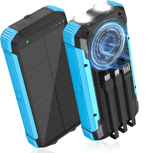 ERRBBIC Cargador solar de 20000 mAh, cargador inalámbrico portátil, batería externa de carga rápida de 15 W con linterna dual y salidas USB C,