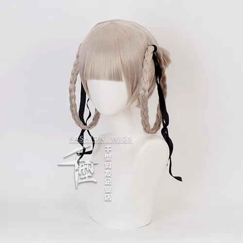 Vista 5 de SYIBOO Anime Kakegurui Kirari Momobami 35cm Short Wigs Gray Braids Styled Clip on Cosplay Wig+ Wig Cap