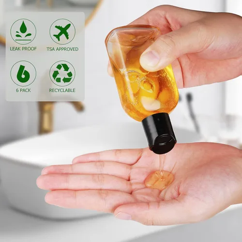 Vista 3 de Botellas de viaje de plástico transparente para artículos de tocador con tapas superiores de disco, paquete de 6 recipientes de 3.4 onzas aprobados