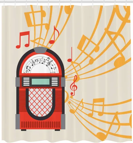 Lunarable Retro Shower Curtain, Colorful Vintage Jukebox Design with Musical Notes with Sheet on Pale Background, Cloth Fabric Bathroom Decor Set