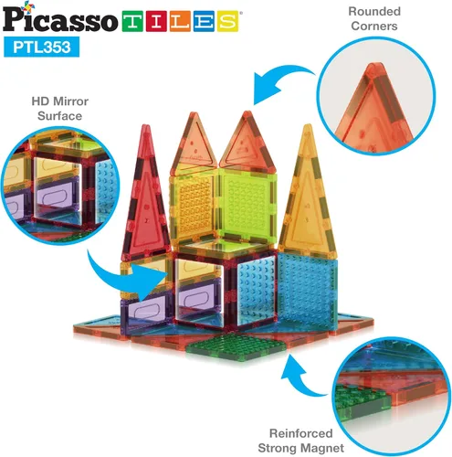 Vista 7 de PicassoTiles Juego combinado de azulejos magnéticos equiláteros pequeños + 353 piezas de azulejos magnéticos, 12 piezas de bloques de construcción