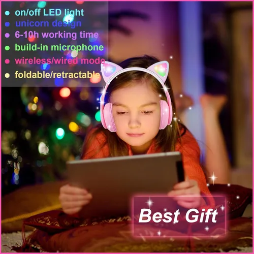 Vista 3 de Auriculares Bluetooth de orejas de gato para niñas, niños y adolescentes, luz LED, modo inalámbrico/con cable, auriculares estéreo plegables