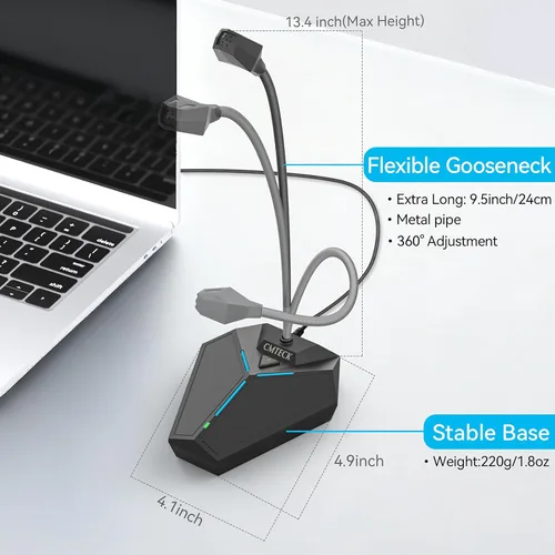 Vista 2 de Micrófono de computadora USB, micrófono de escritorio omnidireccional de condensador Plug & Play para PC y portátil, botón de silencio con indicador