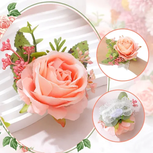 Vista 3 de Sherr 24 pulseras de ramillete de rosas de boda para novia, dama de honor, mujeres, pulseras de flores, decoración de bodas, flores artificiales
