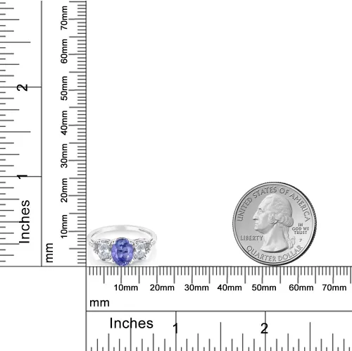 Vista 50 de Anillo de compromiso ovalado de oro blanco de 10 quilates con piedra natal y topacio blanco de 3 piedras con detalles de diamante Centro de 0.315