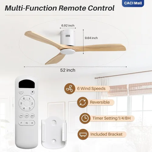 Vista 8 de CACI Mall Ventiladores de techo inteligentes de madera de 52 pulgadas con luces y control remoto, 3 cuchillas, perfil bajo, moderno, compatible