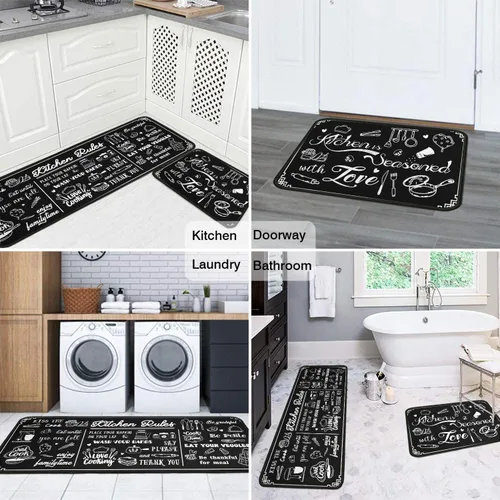 Vista 4 de Juego de 2 alfombras de cocina en blanco y negro con temática de reglas de cocina, antideslizantes, 2 piezas para piso, lavables, absorbentes