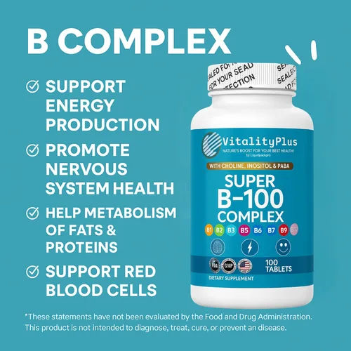 Vista 3 de Complejo Super B-100 – Todas las vitaminas B incluyendo B12, B1, B2, B3, B5, B6, B7, B9, Folato – Vitaminas B de alta potencia con colina, inositol