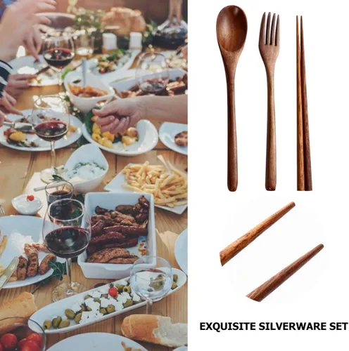 Vista 6 de Juego de 6 utensilios de madera – Tenedores reutilizables, cucharas, palillos para cocina, viajes, camping, picnic, ecológico para el hogar