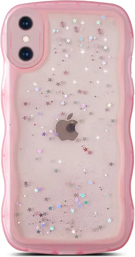 Vista 115 de Qokey para iPhone 14 Plus Funda de 6.7" con diseño de borde ondulado rizado, transparente, con purpurina, brillo, estrellas, brillante, lindo