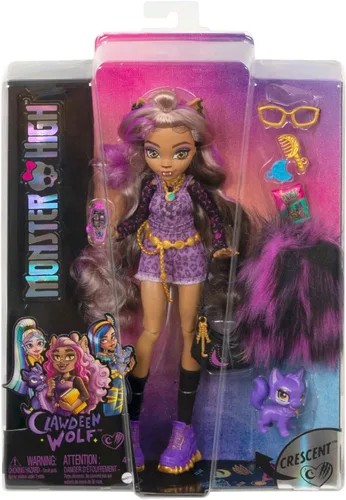Vista 6 de Muñeca Monster High, Clawdeen Wolf con cabello con rayas púrpuras en su look característico con accesorios de moda y mascota perruna Crescent