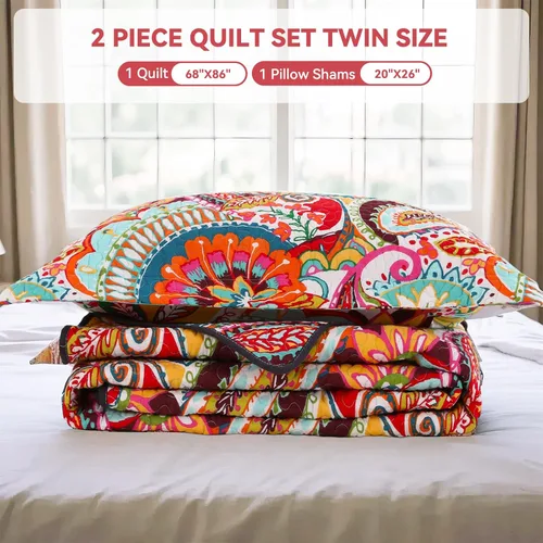 Vista 7 de Qucover Juegos de Edredones de Algodón Individuales, 2 Piezas Patrón Paisley Multicolor Rojo, Naranja, Azul, Juego de Edredón Individual con Fundas