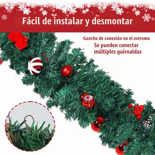 Vista 3 de MorTime Paquete de 2 guirnaldas LED de Navidad de 9 pies con piñas y bayas rojas, bolas de Navidad, guirnalda de Navidad multifunción con 50 luces