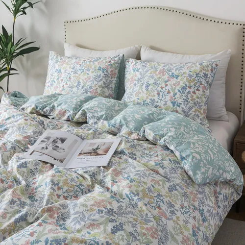 Vista 51 de HoneiLife Juego de funda de edredón floral 100% algodón, 3 piezas, suave, ropa de cama botánica con cierre de cremallera y lazos en las esquinas