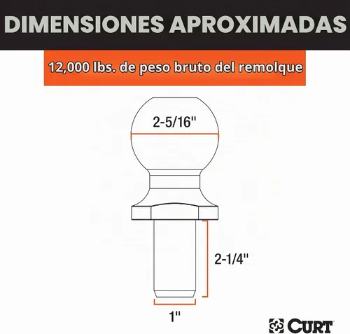 Vista 2 de CURT 40039 Bola de enganche cromada para remolque, 12,000 libras, diámetro de 2-5/16 pulgadas, vástago de 1 x 2-1/4 pulgadas
