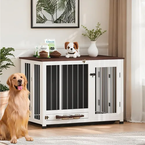 Vista 9 de Mueble de jaula para perros con divisor extraíble y 4 cajones de almacenamiento - Caseta de perro grande de madera de 71" mesa auxiliar