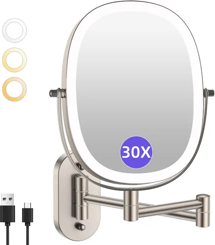 Vista 10 de FUNTOUCH Espejo de maquillaje iluminado montado en la pared, espejo de baño de doble cara recargable de 5000 mAh, 3 modos de color táctil regulable
