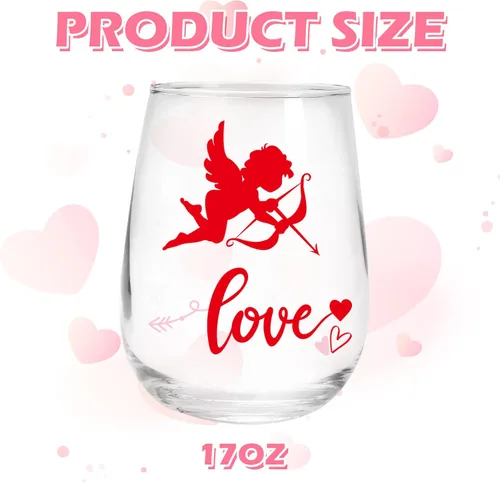 Vista 2 de Whaline 3 copas de vino sin tallo para el día de San Valentín, 17 onzas, regalo de fiesta de San Valentín para amigos, romántico, corazón rojo