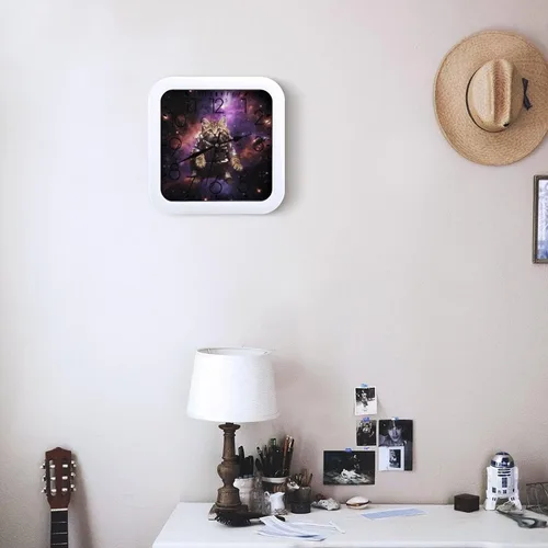 Vista 6 de 10" Square Modern Wall Clock,A Cat in Outer Space Print Kitchen Clocks Wall Battery Operated,Silent Non Ticking Unique Funny Cute Wall Clock for