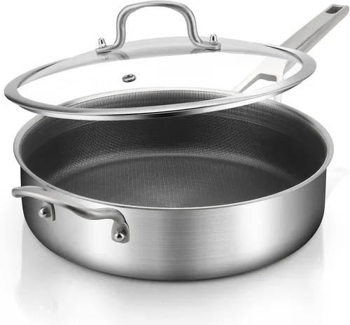 Vista 9 de Sartén Saltear de Acero Inoxidable de Tres Capas de 7 Cuartos, Sartén Antiadherente de 12 Pulgadas con Tapas, Utensilios de Cocina de Calor Rápido
