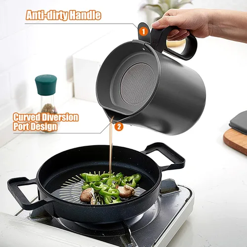 Vista 4 de Ahorro de grasa de tocino con colador, contenedor de grasa de cocina de 1.7 L, separador de grasa para cocinar aceite grande de tocino para goteo