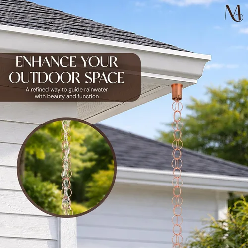 Vista 2 de Monarch Rain Chains Cadenas de lluvia de anillo de cobre puro para canaletas – Cadena de lluvia decorativa de 8.5 pies para exteriores, duradera