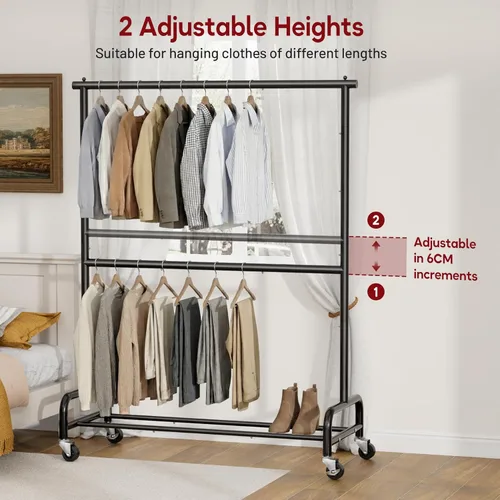 Vista 6 de SLEEPING LAMB Perchero de doble varilla resistente para colgar ropa, perchero enrollable de metal con ruedas para colgar ropa, estante de Negro