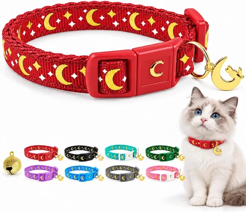Vista 11 de waaag - Collar de seguridad para gato, con diseño de lunas y estrellas doradas, brilla en la oscuridad Aguamarina