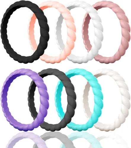 Egnaro - Anillo de boda de silicona para mujer alianzas de boda de goma trenzada delgada y apilable material no tóxico y seguro para la piel
