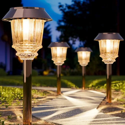 Vista 9 de XMCOSY Luz solar de camino – Set de luces LED de paisaje automáticas (2 unidades), cubierta de cristal impermeable, brillo, luz blanca cálida
